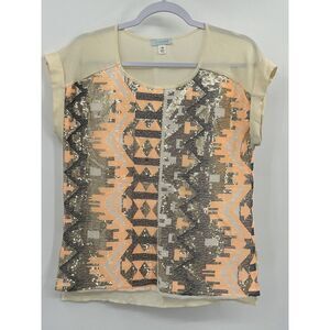 Francesca's Aztec Sequin Knight's Blouse Jun & Ivy Medium M Sparkle Short Sleeve